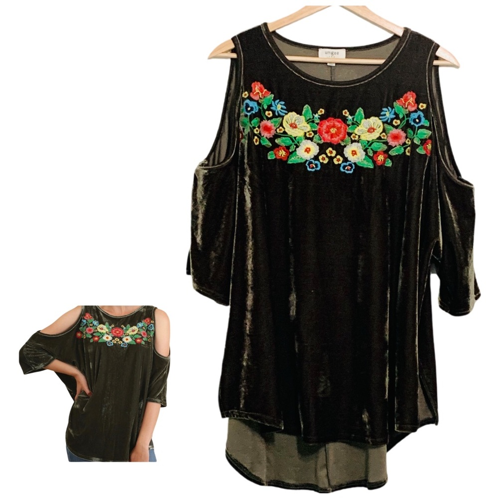 Umgee Green Velvet Cold Shoulder Top Floral Embroidery Size Medium